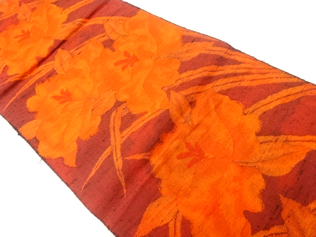JAPANESE KIMONO / VINTAGE NAGOYA OBI / SILK / HAND WOVEN / MAWATA TSUMUGI / FLOWERS